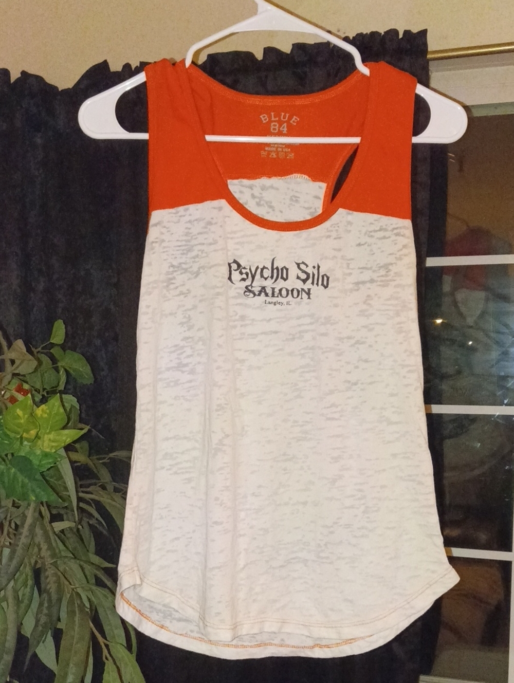 Blue 84 White and Orange Women's Graphic Tank - Psycho Silo Saloon Size Medium